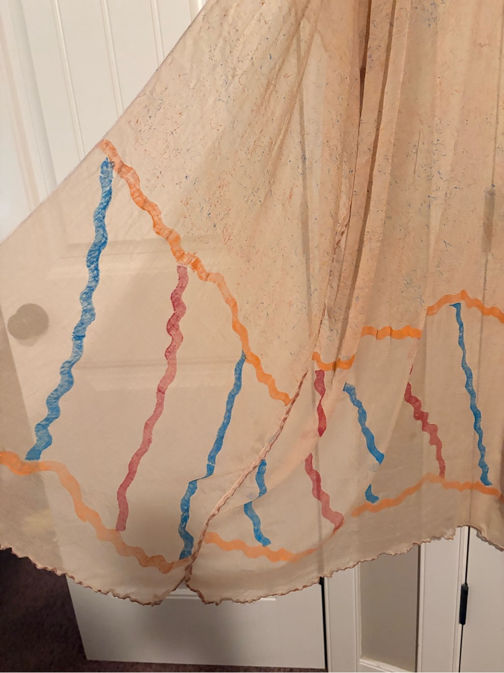 Green Bean Sheer Beige Kimono Cover-Up with Multicolor Wave Trim O/S - Picture 4 of 9
